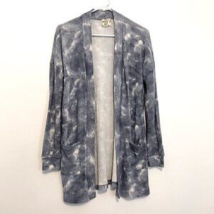 HIPPIE ROSE Blue Tie Dye Ribbed Knit Open Long Sleeve Boho Long Cardigan Sweater